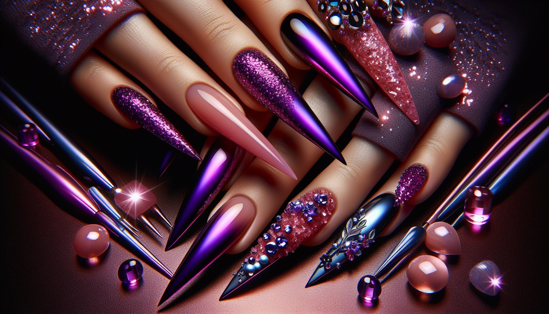vibrant Glossy Stiletto Tips with dazzling Purple Glitter ​for Glamorous​ Nights