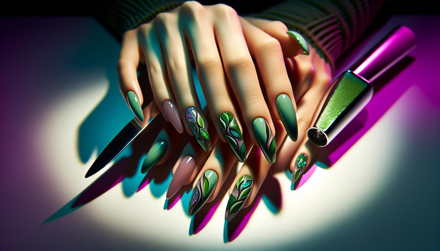 Vibrant Leafy‍ Green⁤ Almond Nails Featuring Artistic​ Abstract ⁤Patterns