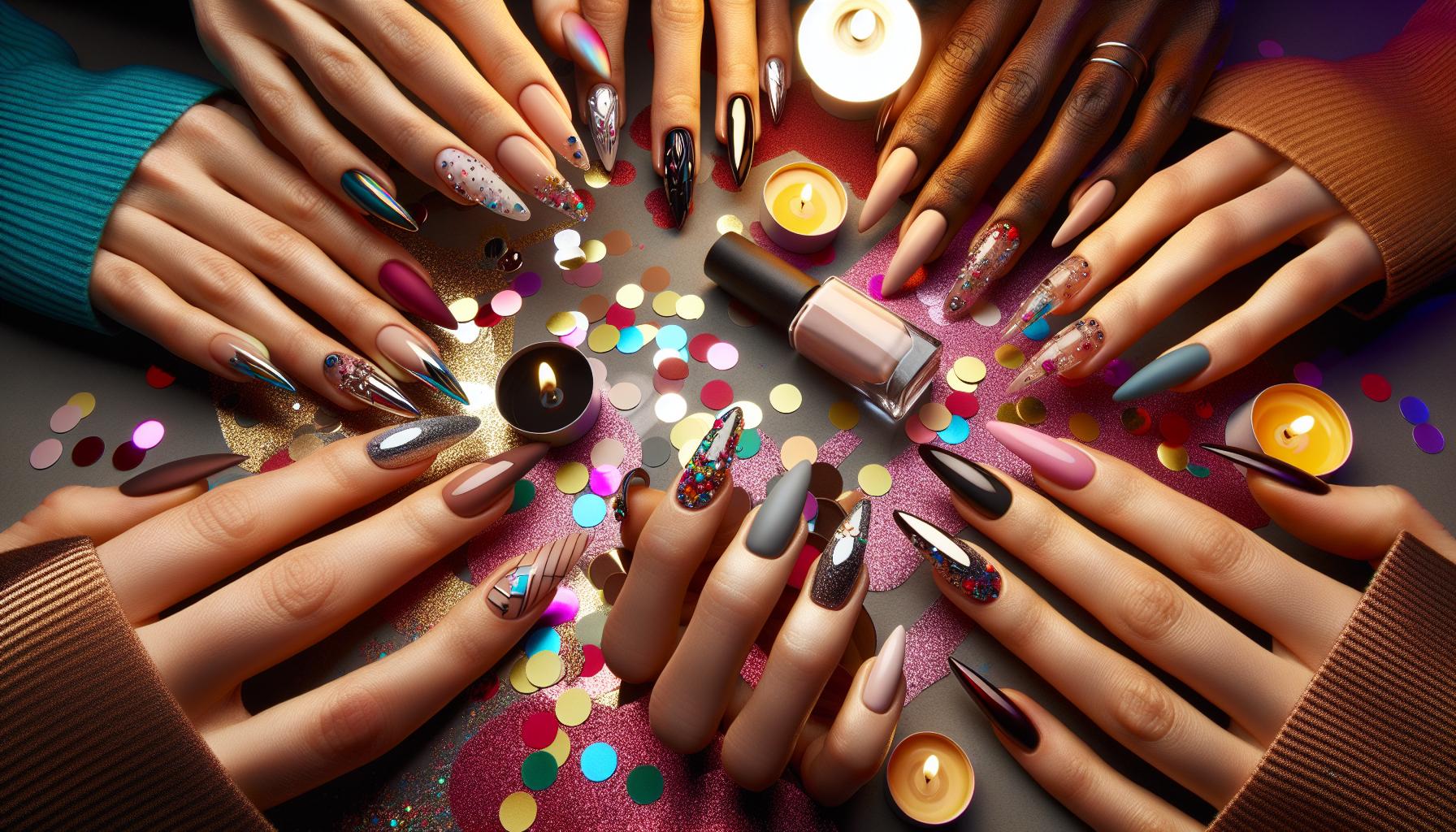 Vibrant Matte French Tips with Playful Confetti Accents for a Festive Touch