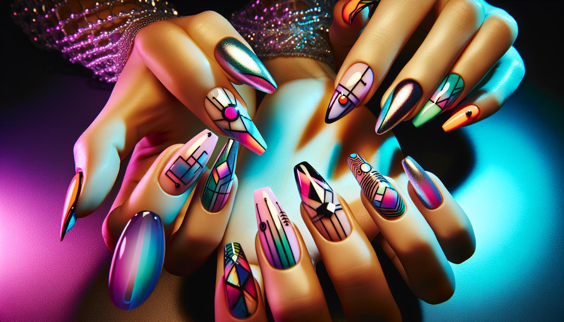 - Vibrant Neon ​Dip Powder‍ Nails​ with ⁣Geometric Designs for a ​Fun⁤ and Festive ‍Flair
