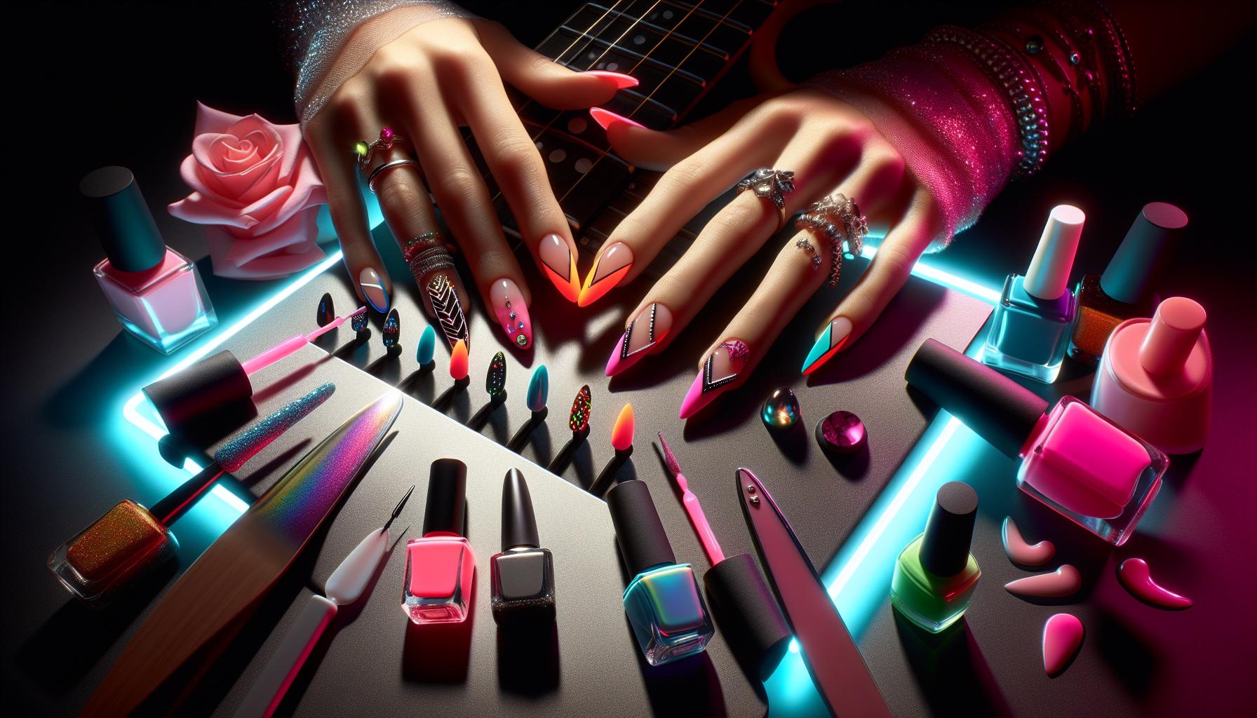 Vibrant Neon French Tips Enhanced with Bold Geometric Accents