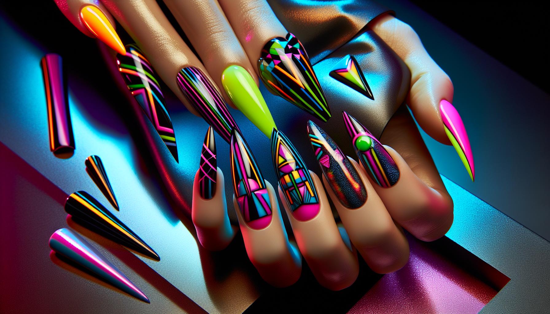 Vibrant Neon Geometric Patterns on Bold Stiletto Shapes