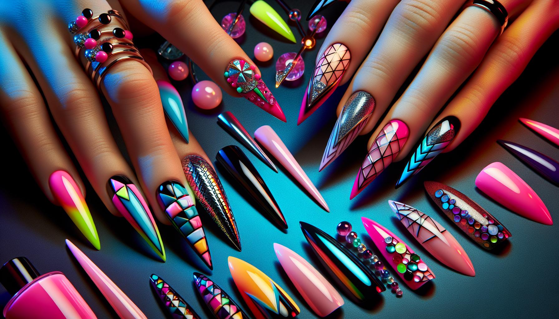 Vibrant Neon ​Stiletto‌ Tips Featuring⁢ artful Geometric Patterns‍ to ⁤Stand Out