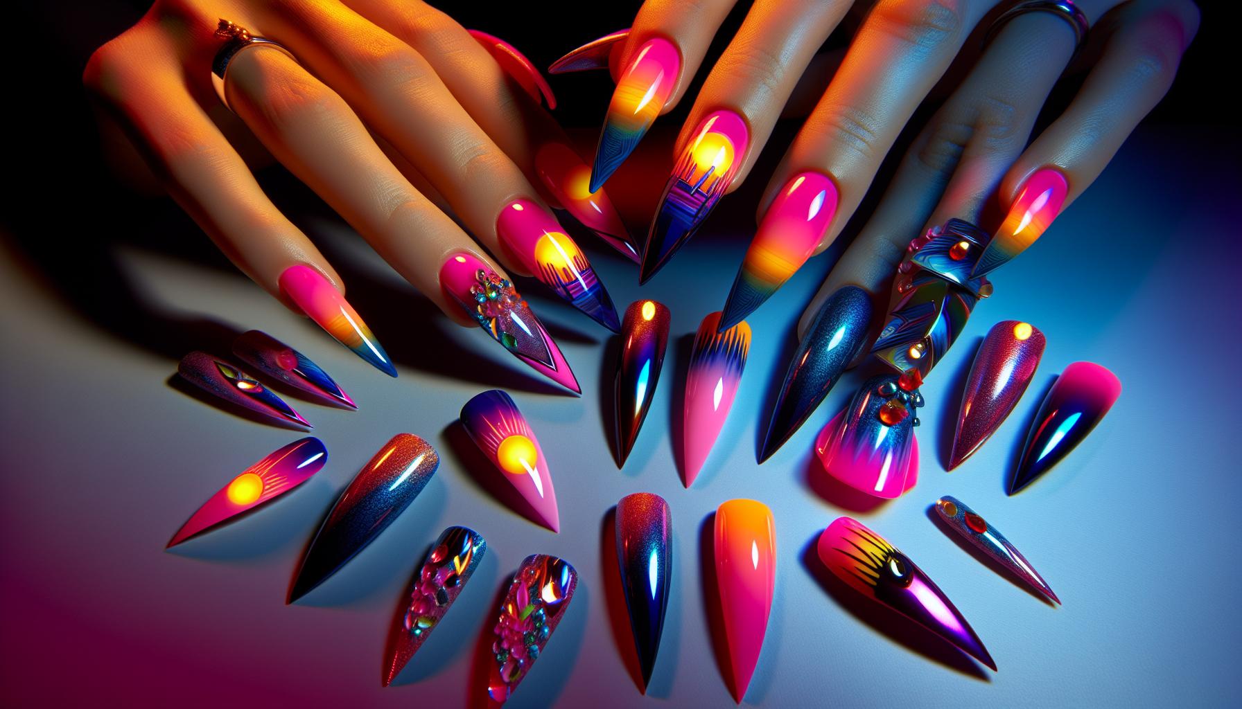 Vibrant ⁣Sunset ‌Stiletto Nails Featuring Neon Hues and Glossy Finish