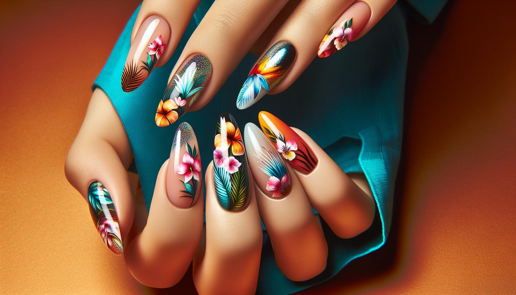 Vibrant Tropical Floral Gel Nail Art in Almond Shape for a Summer Escape