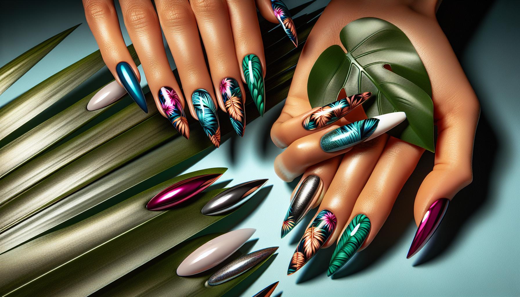 Vibrant Tropical Stiletto Nails with Exotic Leaf Patterns for a Sassy Statement
