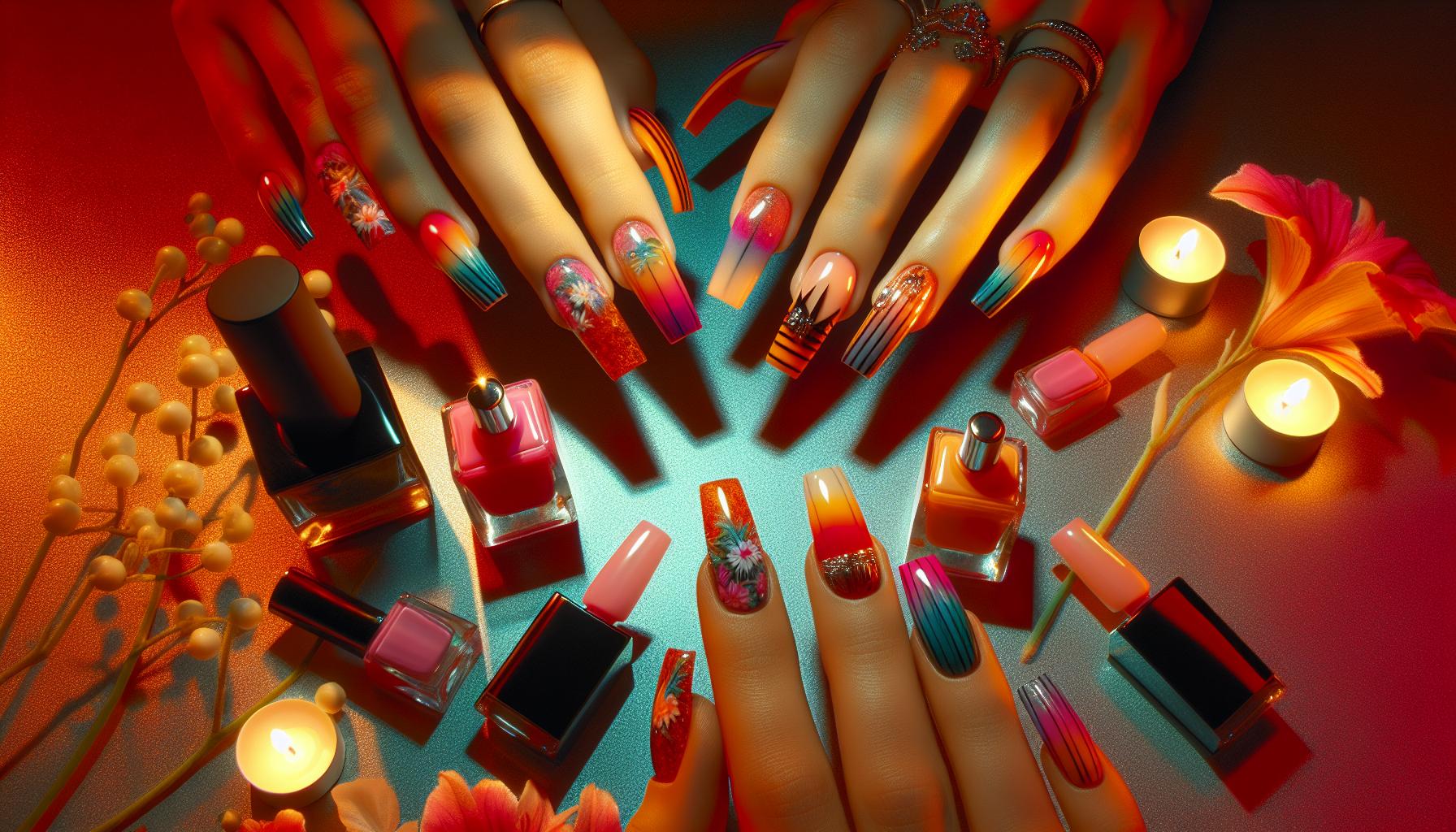 Vibrant Tropical Sunset Gradient on acrylic Square Nails for a Holiday Vibe