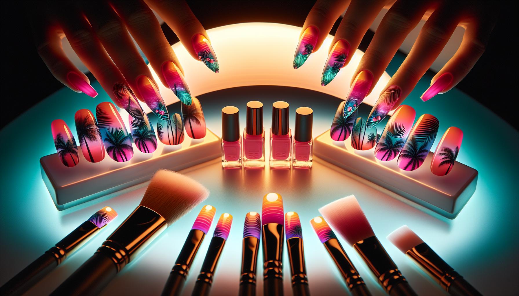 Vibrant Tropical Sunset Gradient on Almond Shaped Nails Radiating Joy and Warmth