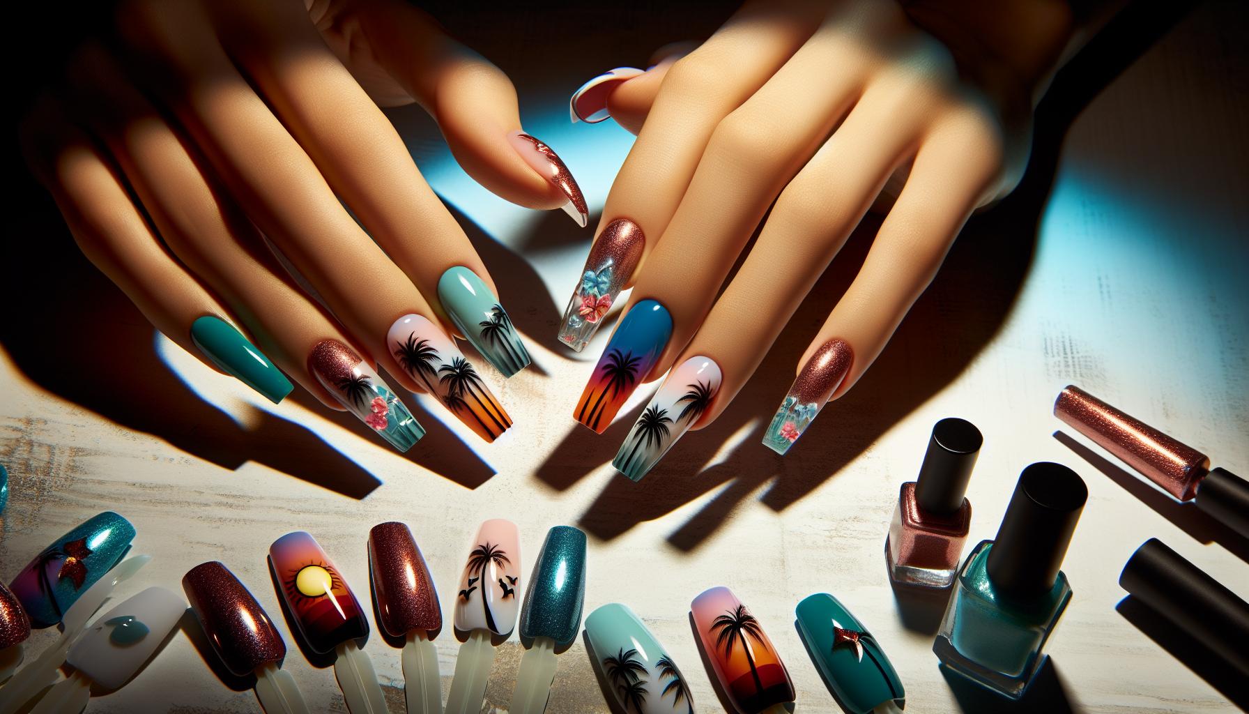 Vibrant Tropical-Inspired Acrylic Nails Decorated with Palm Tree Silhouettes for a Vacation Vibe