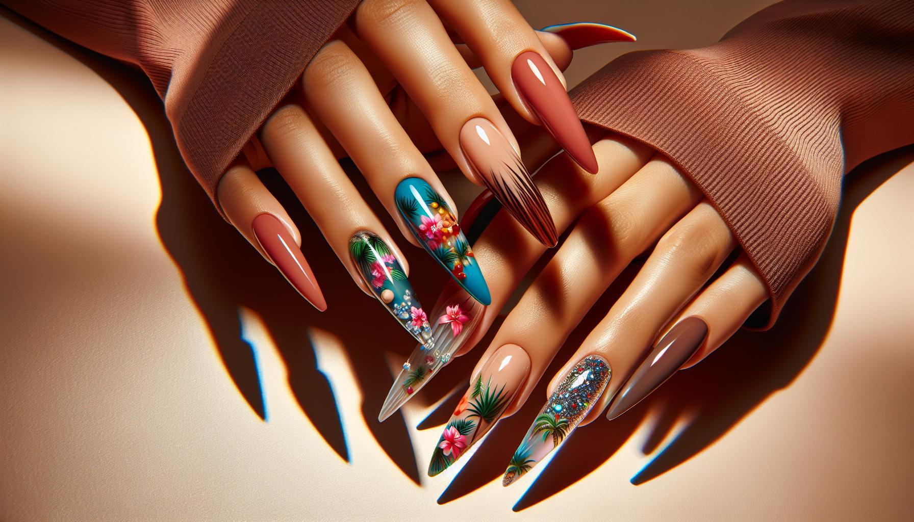 Vibrant Tropical-Themed ⁣Nail Art ​Captured in Glossy Long⁤ Nails for ⁤Summer‍ Fun