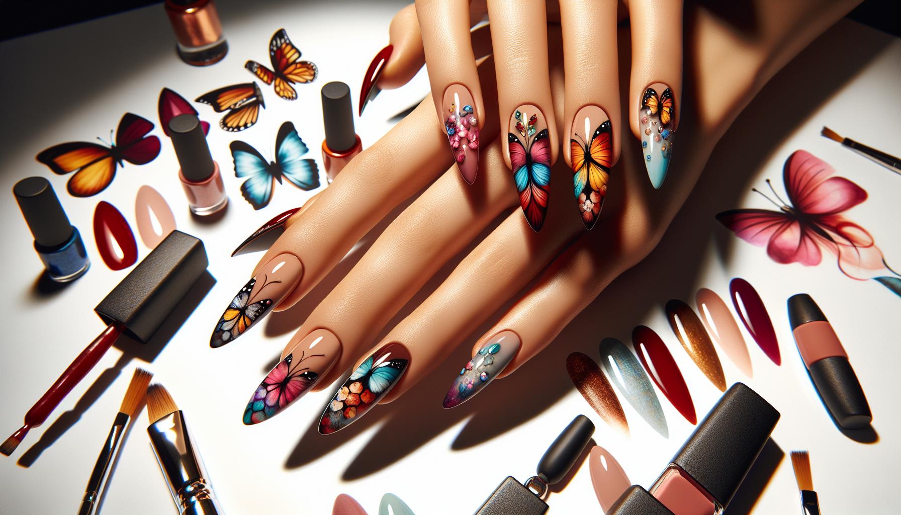 vibrant Watercolor Butterflies on Almond-Shaped Nails that Celebrate Springtime Joy
