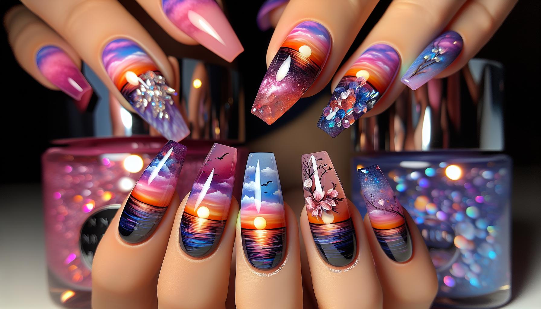Vibrant Watercolor Sunset Stripes on Glossy Coffin Tips for an Effortlessly Dreamy Aesthetic