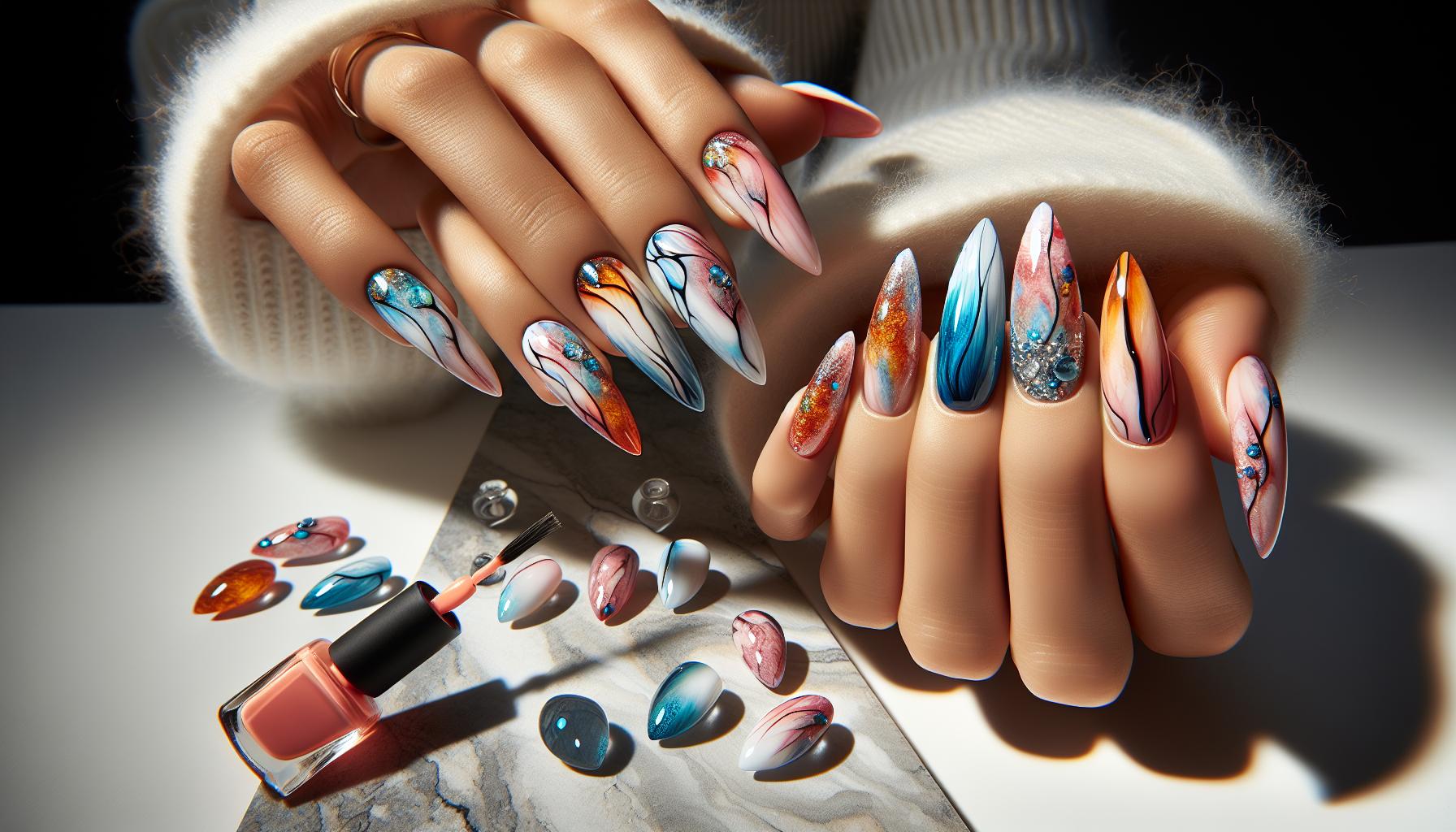 Vivid Watercolor Abstract Art on Almond-Shaped Nails That Evokes winter Dreams