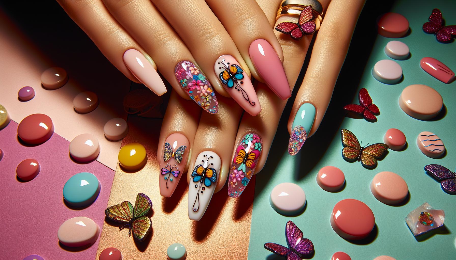 Whimsical Dip Powder Butterflies Against Candy-Colored Backgrounds for Summer Fun