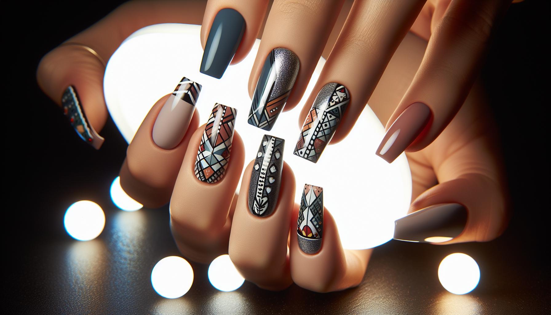 whimsical Geometric Patterns on Matte Square Nails for Playful Elegance