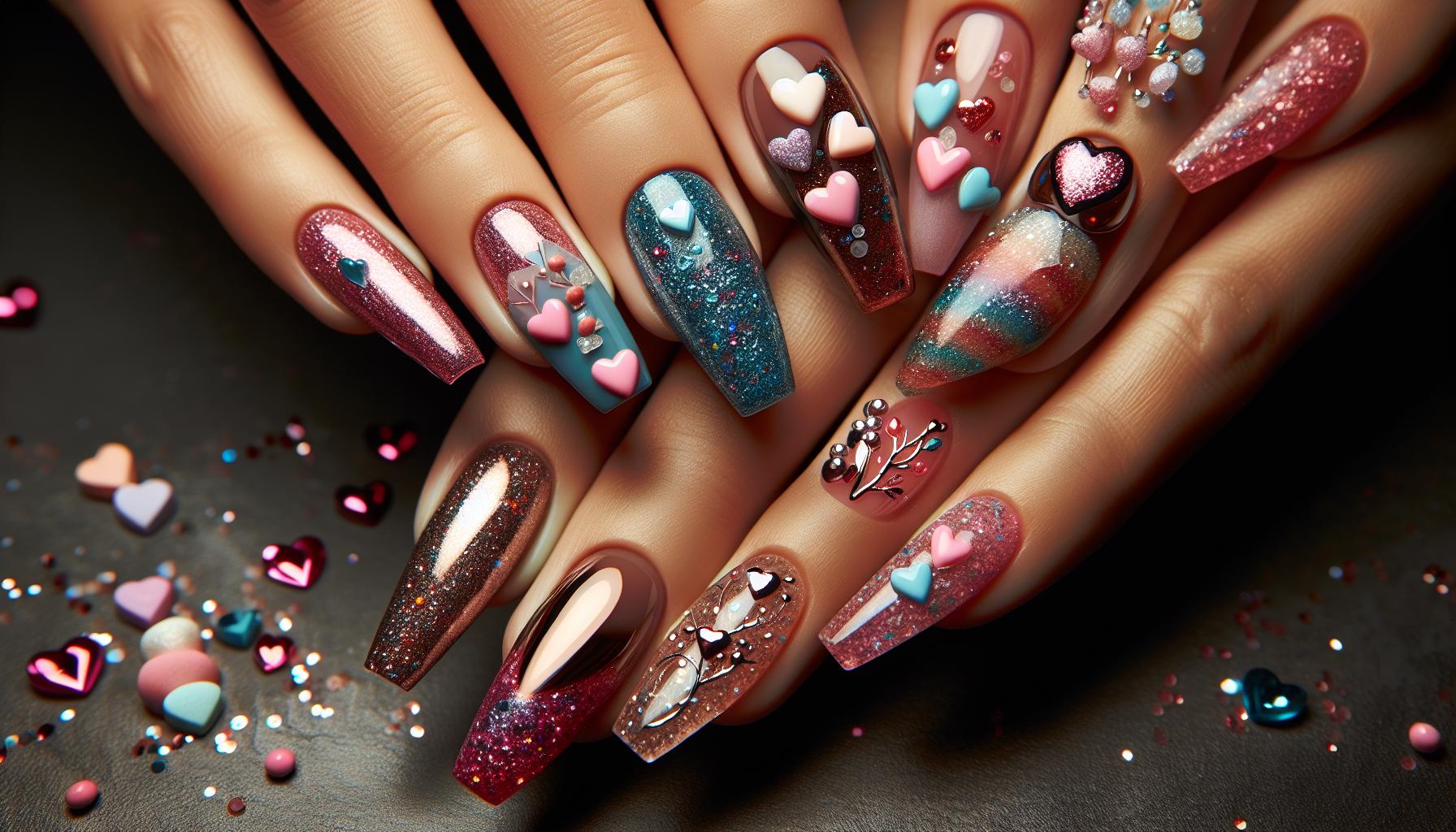 Whimsical Glitter Fade Dipped Powder Nails with Whimsical Candy Hearts