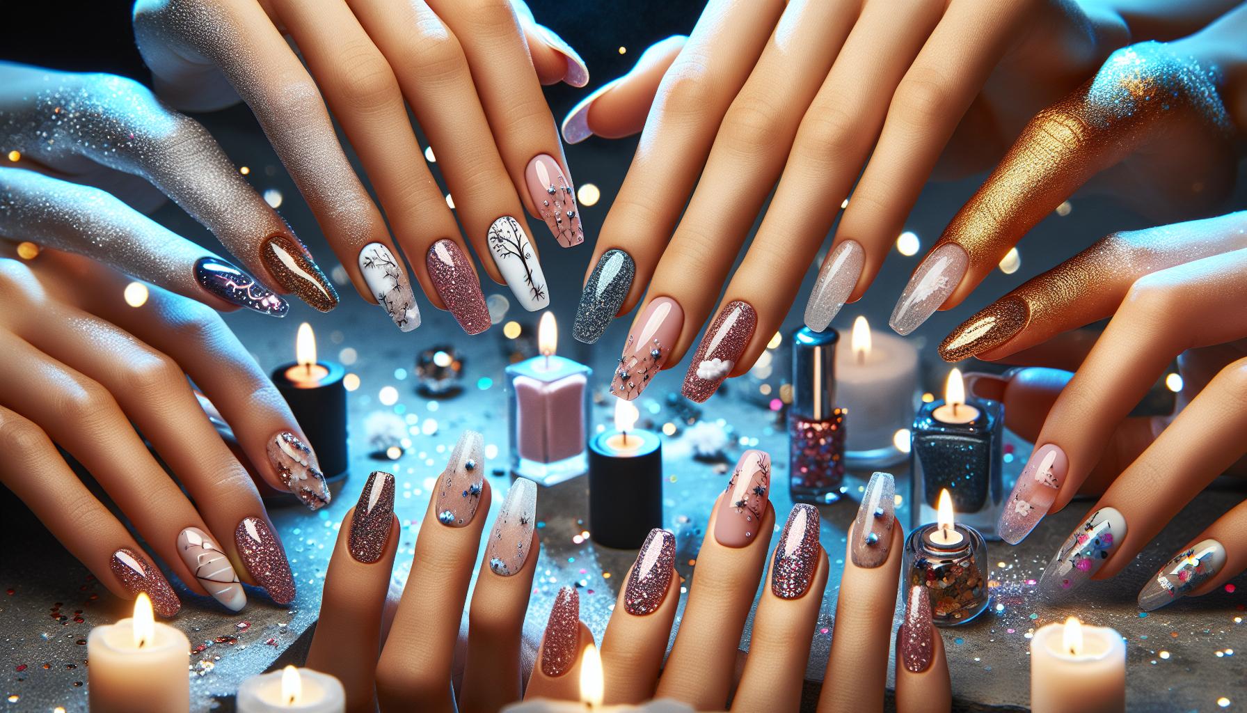 Whimsical Glitter-Dusted Almond Nails Featuring Dreamy Cloud Patterns for Playful Elegance