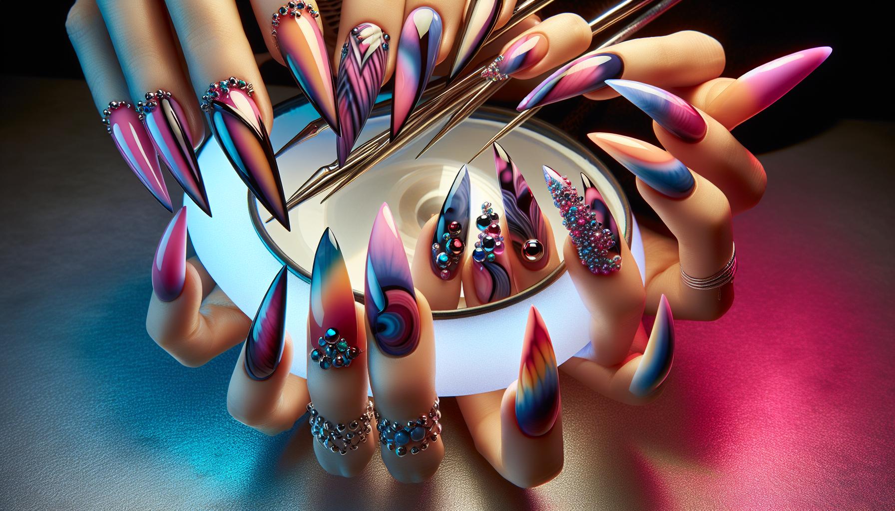 Whimsical stiletto Nails Decked Out in Whimsical Tri-Color Tie-dye for a Playful Twist